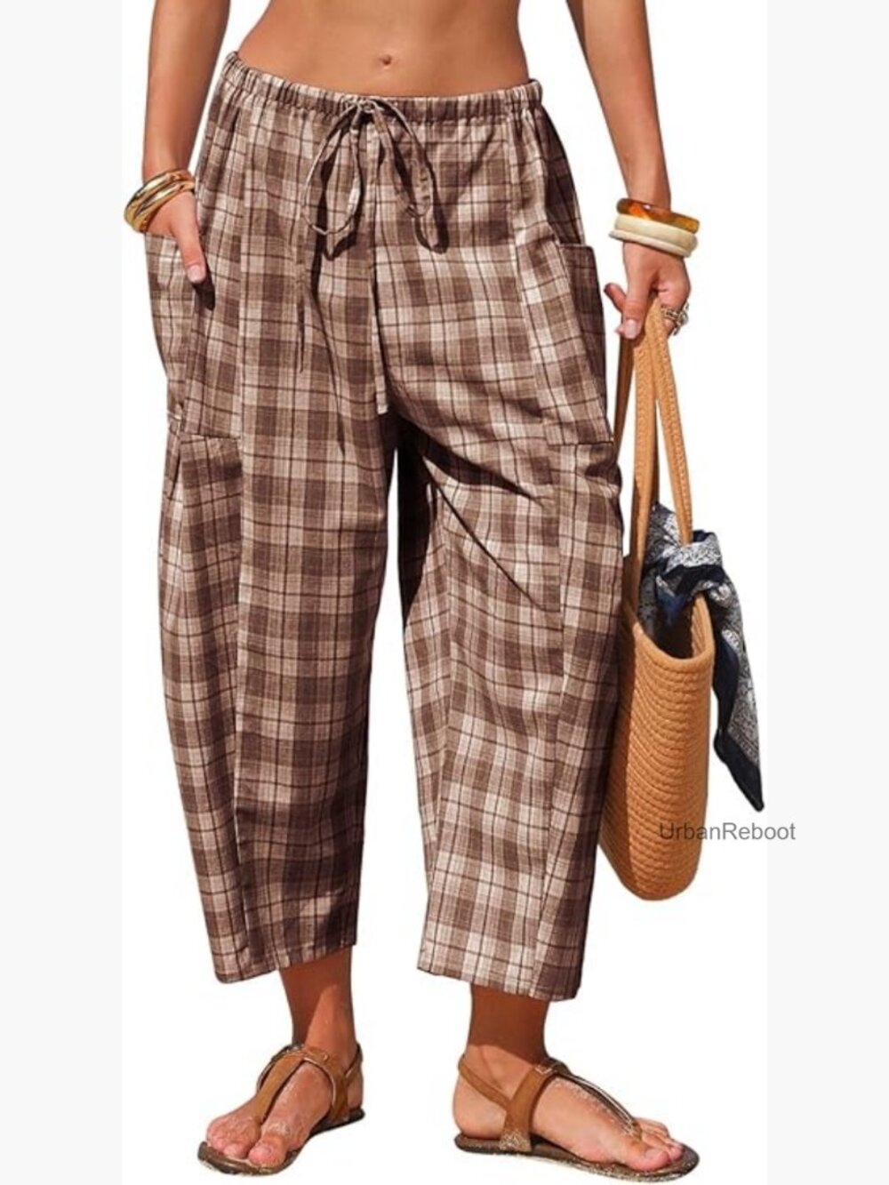 Cotton Blend Wide Leg Palazzo Harem Capri Pants with Pockets